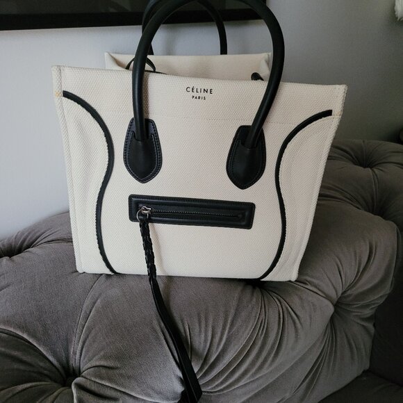 CELINE White Canvas And Black Leather trim Phantom Medium Tote Bag. - Picture 13 of 16